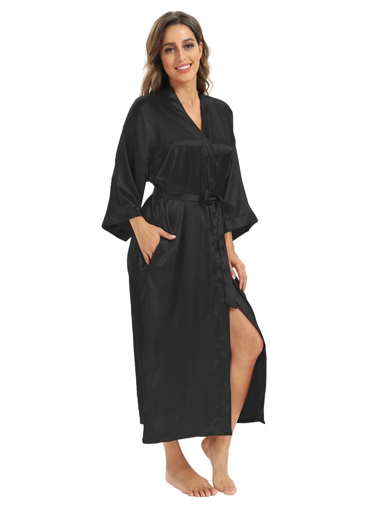 V Vaborous Women's Soft Plus Size Long Satin Robes Silk Full Length Lightweight Kimono Silky Dressing Gowns, Black, 2XL/3XL - Image 5