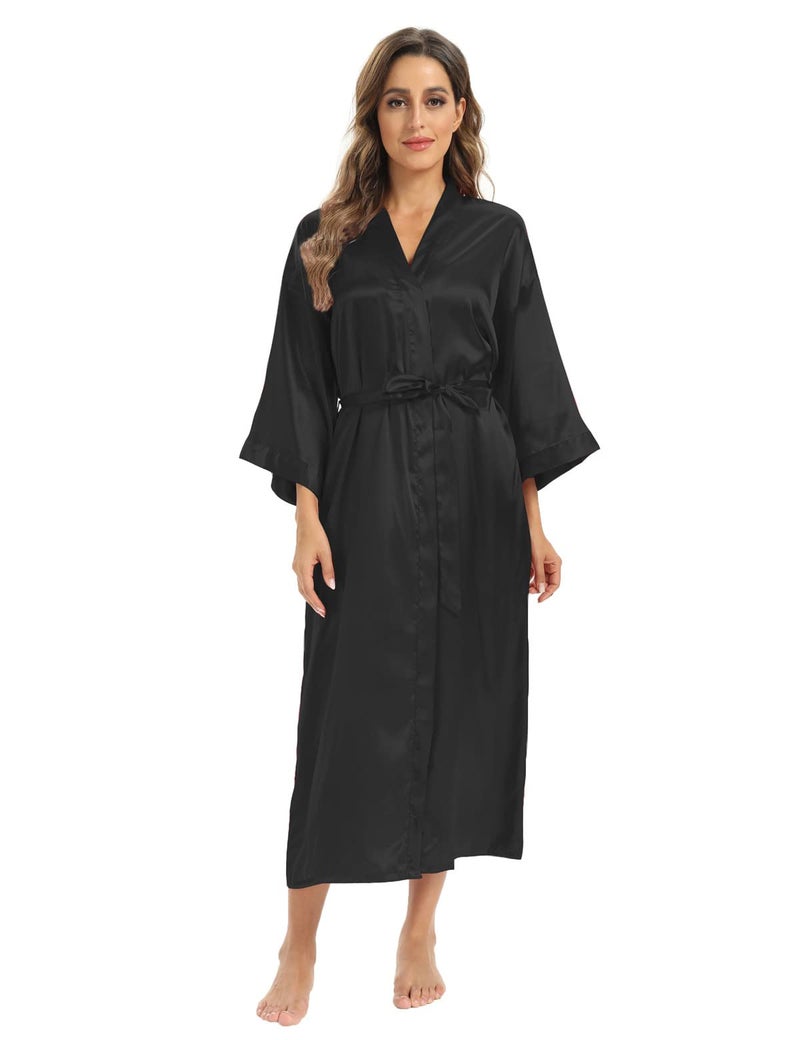 V Vaborous Women's Soft Plus Size Long Satin Robes Silk Full Length Lightweight Kimono Silky Dressing Gowns, Black, 2XL/3XL - Image 3