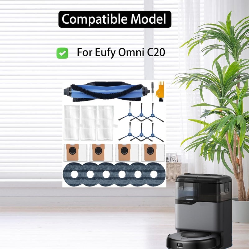 Frexusuent Accessories Kit for Eufy Omni C20 Robot Vacuum Cleaner, for Omni C20 Replacement Part 22 Pcs, 1 Main Brush, 3 HEPA Filters, 4 Dust Bag,6 Mop Pad, 6 Side Brushes - Image 2