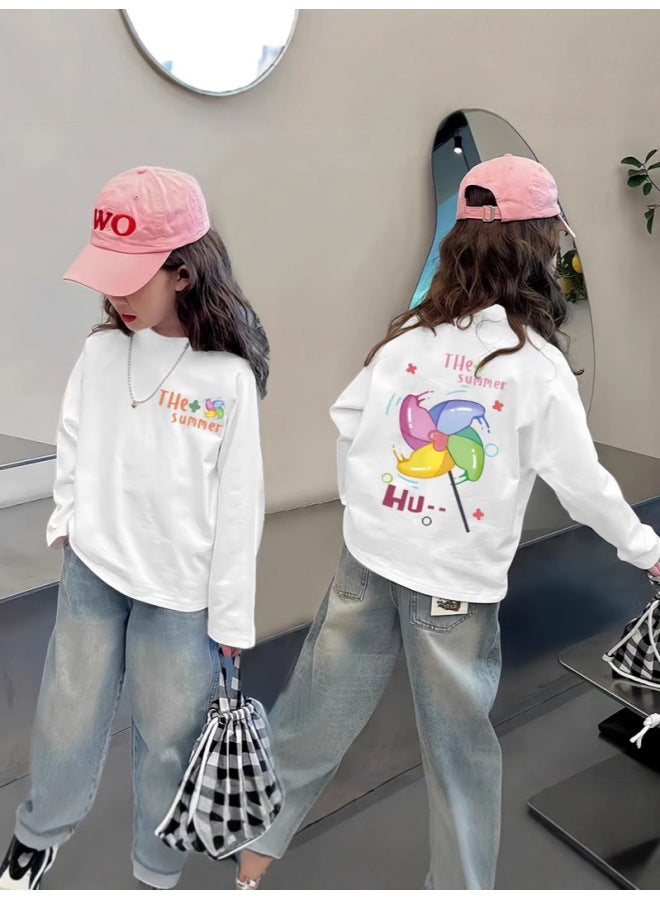 Girls Pure Cotton Long-sleeved T Spring & Fall New Korean Style Versatile Round Neck Bottoming Shirt Casual Printed Bottoming Top - Image 3
