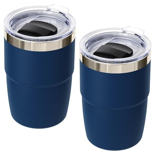 Cafezi 8 oz Small Coffee Cup with Magnetic Lid CeramicLined 188 Stainless Steel DoubleWall Vacuum Insulated Stackable Dishwasher Safe Mini Tumbler for OntheGo 2 Pack Navy - Image 1