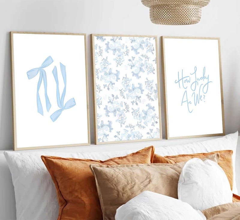 CENDAP Blue Floral Bow Wall Art Watercolor Trendy Preppy Paintings Prints Posters How Lucky Are We Canvas Wall Decor for Coastal Apartment Bedroom Living Room Gallery Home Decor 16x24inx3 Unframed - Image 3