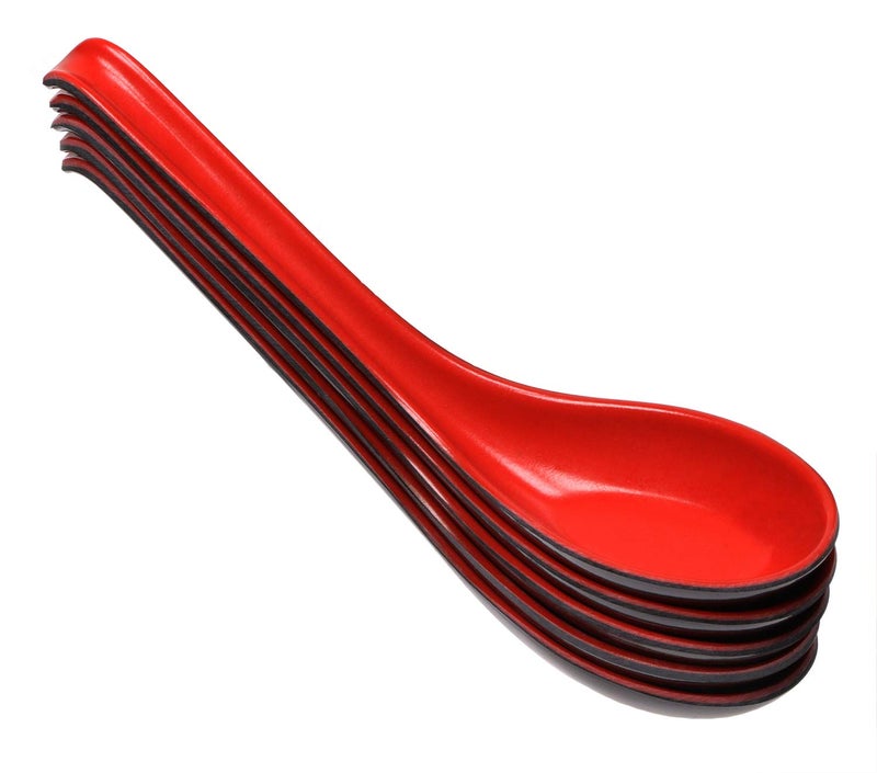 Mini Skater Set of 5 Ramen Noodle Soup Spoon with Long Handle Red Black Vintage Large Spoons for Restaurants Home Hotel Food Shop Japanese