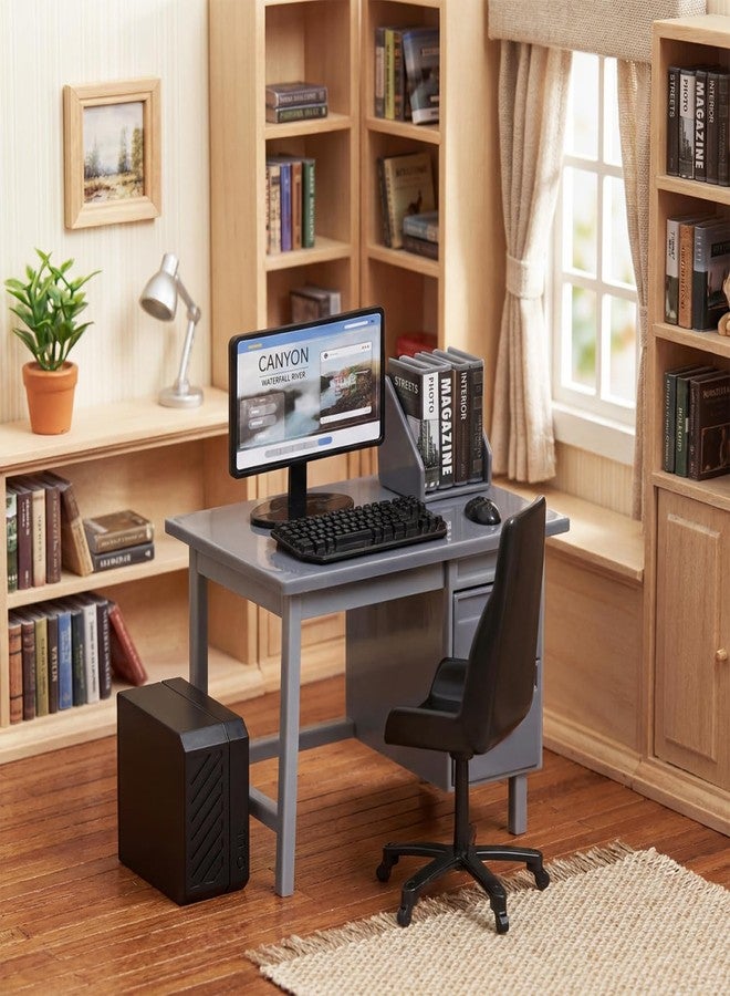 Garneck 2 Sets Miniature Dollhouse Office Desk Set: 1:12 Scale Computer Table Chair Keyboard Mouse Monitor Books CPU Accessories for Mini Furniture Display Pretend School Project - Image 4