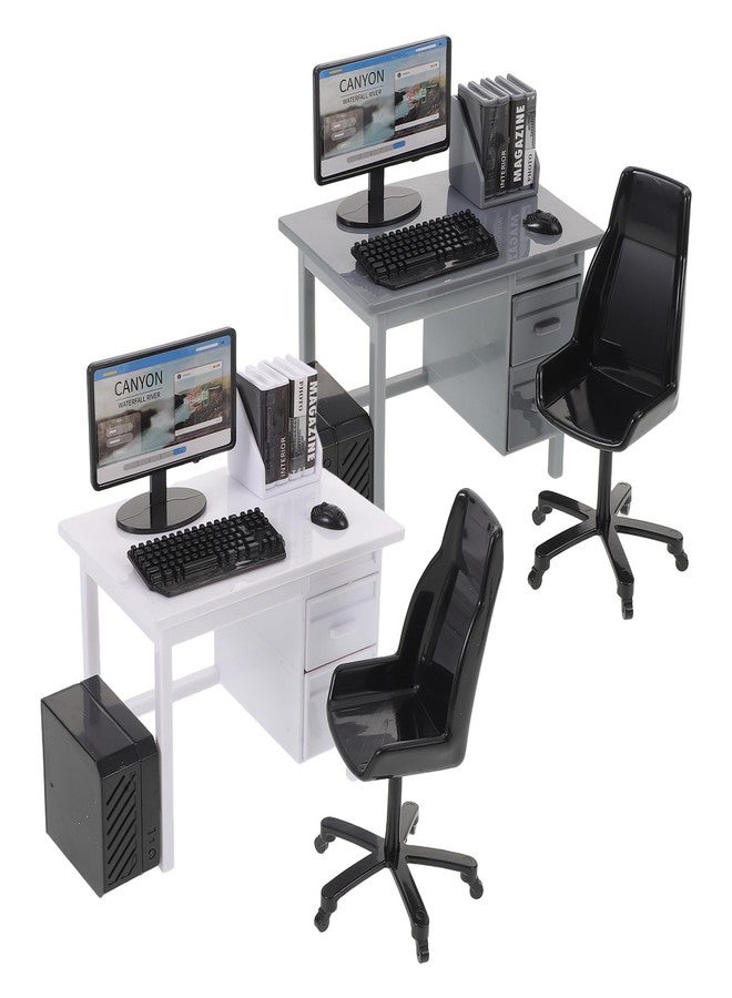 Garneck 2 Sets Miniature Dollhouse Office Desk Set: 1:12 Scale Computer Table Chair Keyboard Mouse Monitor Books CPU Accessories for Mini Furniture Display Pretend School Project - Image 1