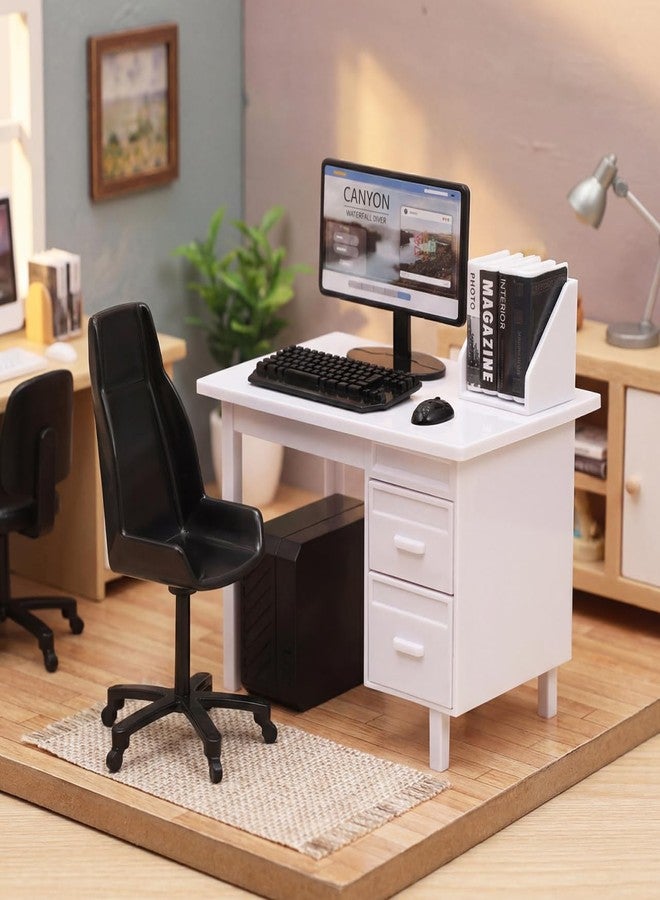 Garneck 2 Sets Miniature Dollhouse Office Desk Set: 1:12 Scale Computer Table Chair Keyboard Mouse Monitor Books CPU Accessories for Mini Furniture Display Pretend School Project - Image 3