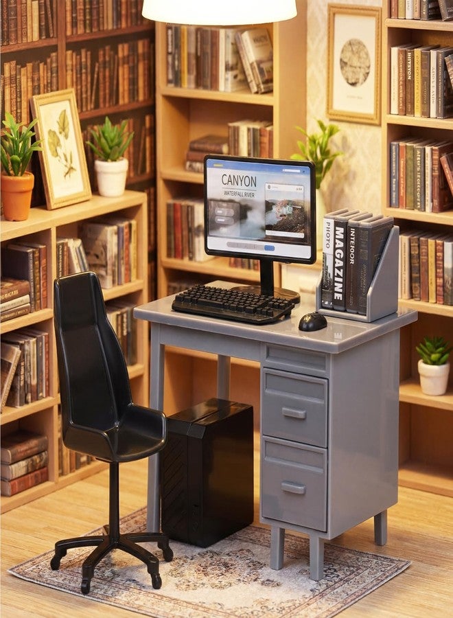 Garneck 2 Sets Miniature Dollhouse Office Desk Set: 1:12 Scale Computer Table Chair Keyboard Mouse Monitor Books CPU Accessories for Mini Furniture Display Pretend School Project - Image 2