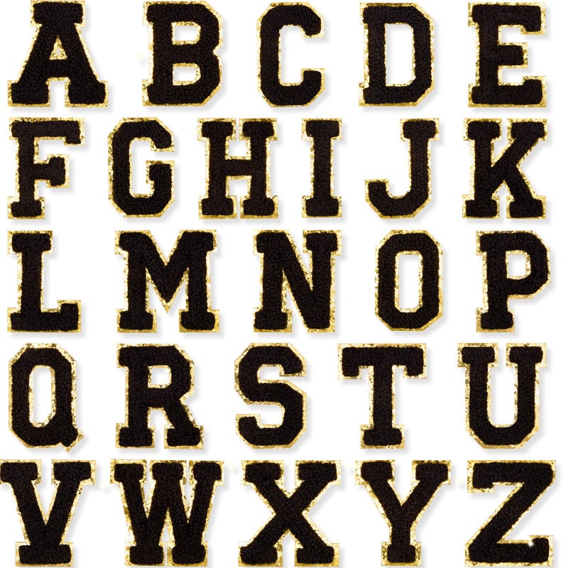 Mtlee 26 Pieces Glitters Patches Iron on Letters Chenille AZ Patches Decorative Repair Embroidered Personalized Sew on for Clothing Repairing Hats Shirts Shoes Jeans BagsGold Black