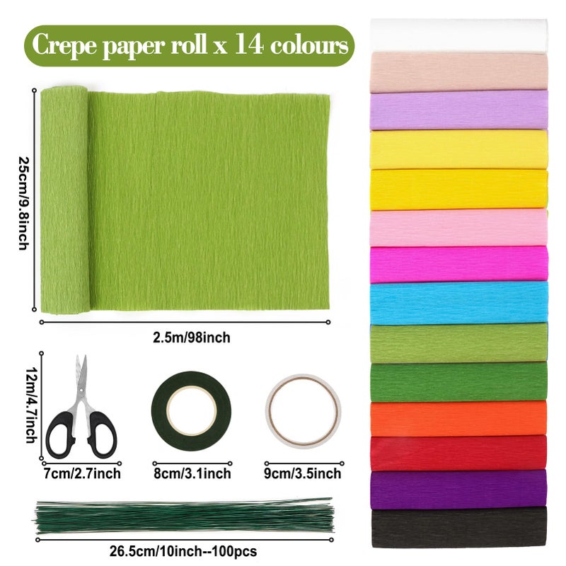 Srapwati 14 Colors Crepe Paper Rolls, 9.8 x 98 Inch Wide Crepe Paper Sheets with 100 Pcs Green Floral Iron Wire, Floral Band, Double-Sided Tape, and Scissors for Birthday Parties Weddings Festival Decoration - Image 4