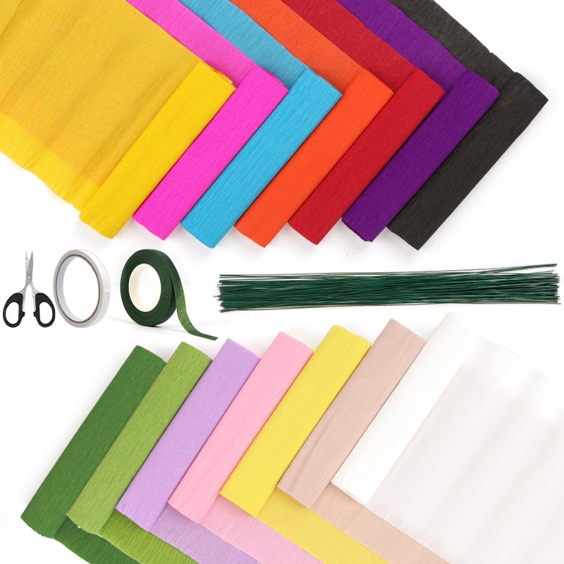 Srapwati 14 Colors Crepe Paper Rolls, 9.8 x 98 Inch Wide Crepe Paper Sheets with 100 Pcs Green Floral Iron Wire, Floral Band, Double-Sided Tape, and Scissors for Birthday Parties Weddings Festival Decoration - Image 1