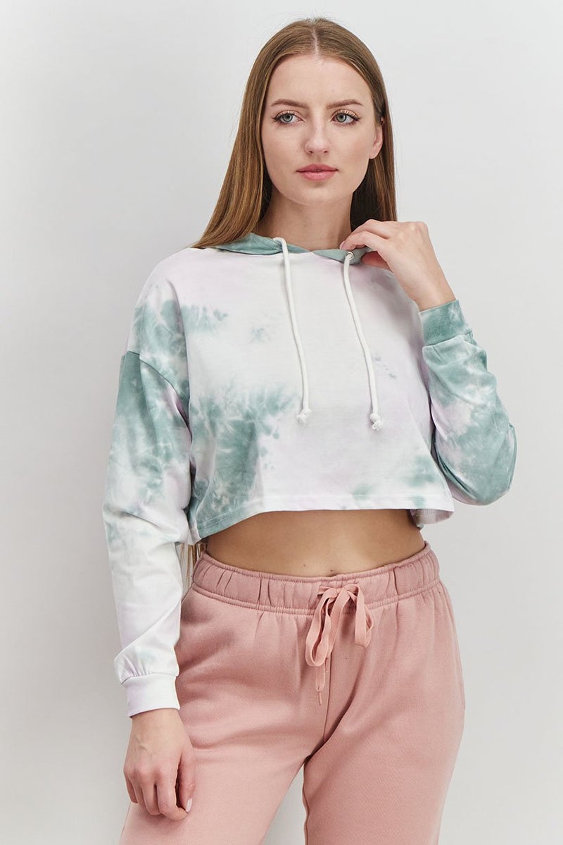 XOXO Women Sportswear Fit Training Crop Hooded Sweatshirt, Green and Purple Tie,Dye - Image 1