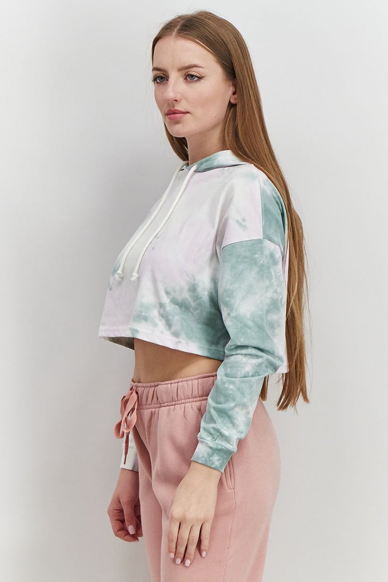 XOXO Women Sportswear Fit Training Crop Hooded Sweatshirt, Green and Purple Tie,Dye - Image 3