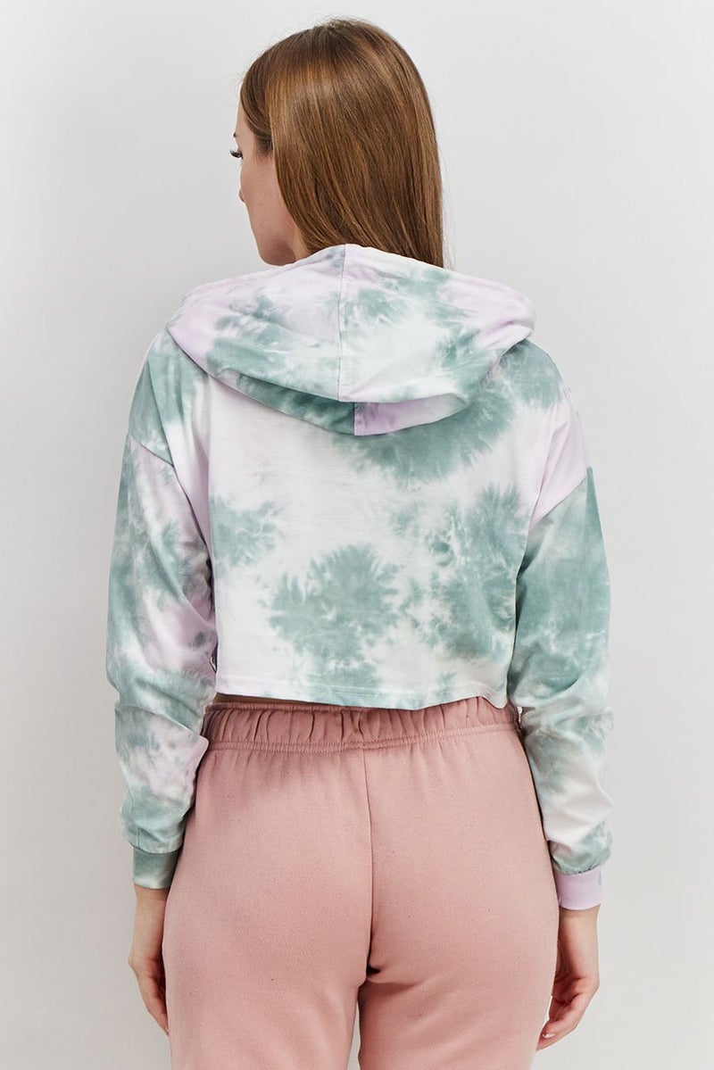 XOXO Women Sportswear Fit Training Crop Hooded Sweatshirt, Green and Purple Tie,Dye - Image 2