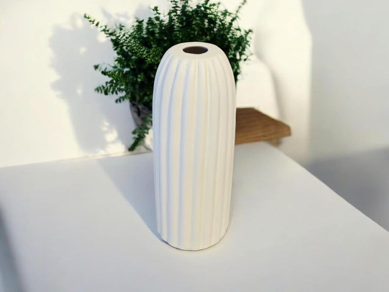 ARTISANS BAZAR StripedRippled Plastic Ceramic Vase Ribbed Flower Vase Pampas Grass VaseVase for PlantsVase Home Decor Centrepiece Decor for Home OfficeLiving Room Decor White - Image 1