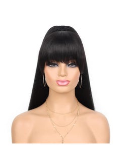 G&T Wig G&T Yaki Drawstring Ponytail Extension With Bangs Long Yaki Straight Clip In Ponytails Extension For Black Women Synthetic Hairpiece For Daily Party Use (1B 24 Inch)  - Image 1