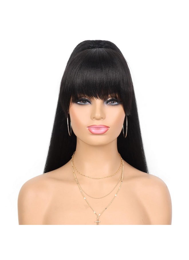 G&T Wig - G&T Yaki Drawstring Ponytail Extension With Bangs Long Yaki Straight Clip In Ponytails Extension For Black Women Synthetic Hairpiece For Daily Party Use (1B 24 Inch) - Image 1