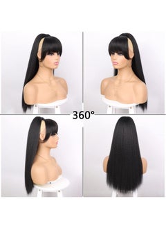 G&T Wig G&T Yaki Drawstring Ponytail Extension With Bangs Long Yaki Straight Clip In Ponytails Extension For Black Women Synthetic Hairpiece For Daily Party Use (1B 24 Inch)  - Image 2