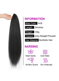 G&T Wig G&T Yaki Drawstring Ponytail Extension With Bangs Long Yaki Straight Clip In Ponytails Extension For Black Women Synthetic Hairpiece For Daily Party Use (1B 24 Inch)  - Image 3