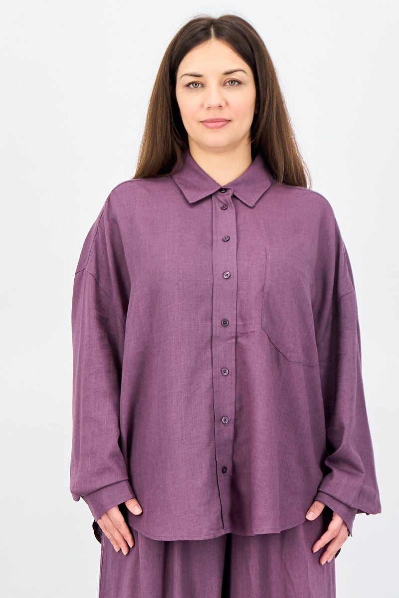 ANNE KLEIN Women 2 Pieces Spread Collar Long Sleeve Plain Shirt And Pants Set, Purple - Image 4