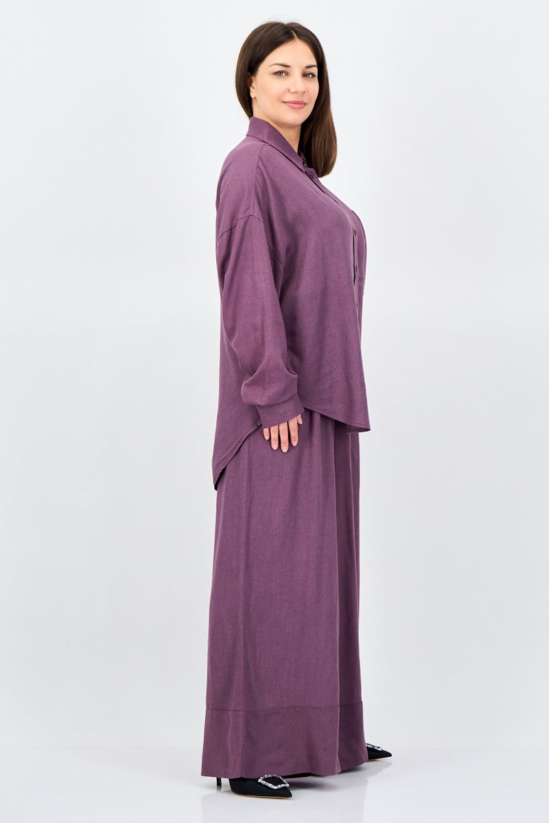 ANNE KLEIN Women 2 Pieces Spread Collar Long Sleeve Plain Shirt And Pants Set, Purple - Image 2