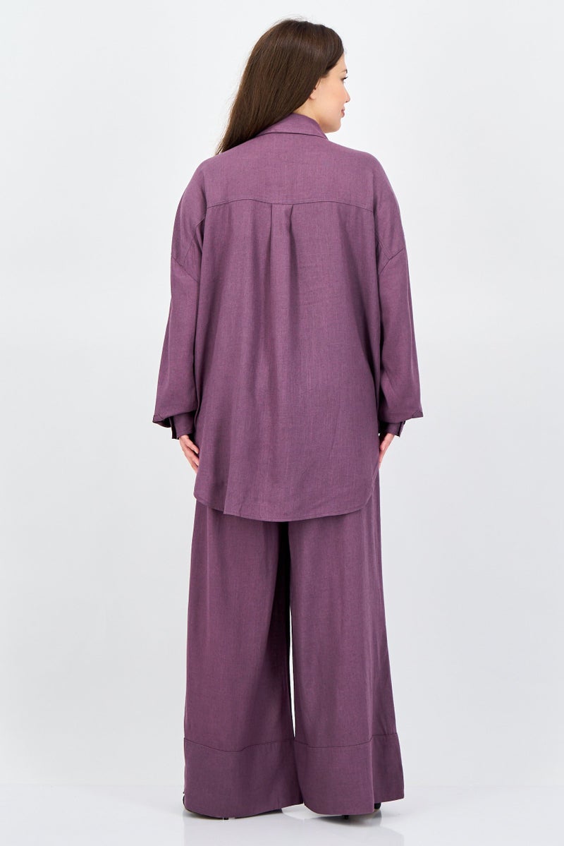 ANNE KLEIN Women 2 Pieces Spread Collar Long Sleeve Plain Shirt And Pants Set, Purple - Image 3