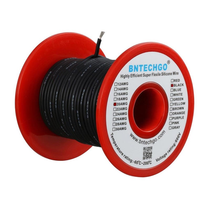 بكرة سلك سيليكون 20 قياس BNTECHGO 100 قدم أسود مرن 20 AWG نحاس معزول