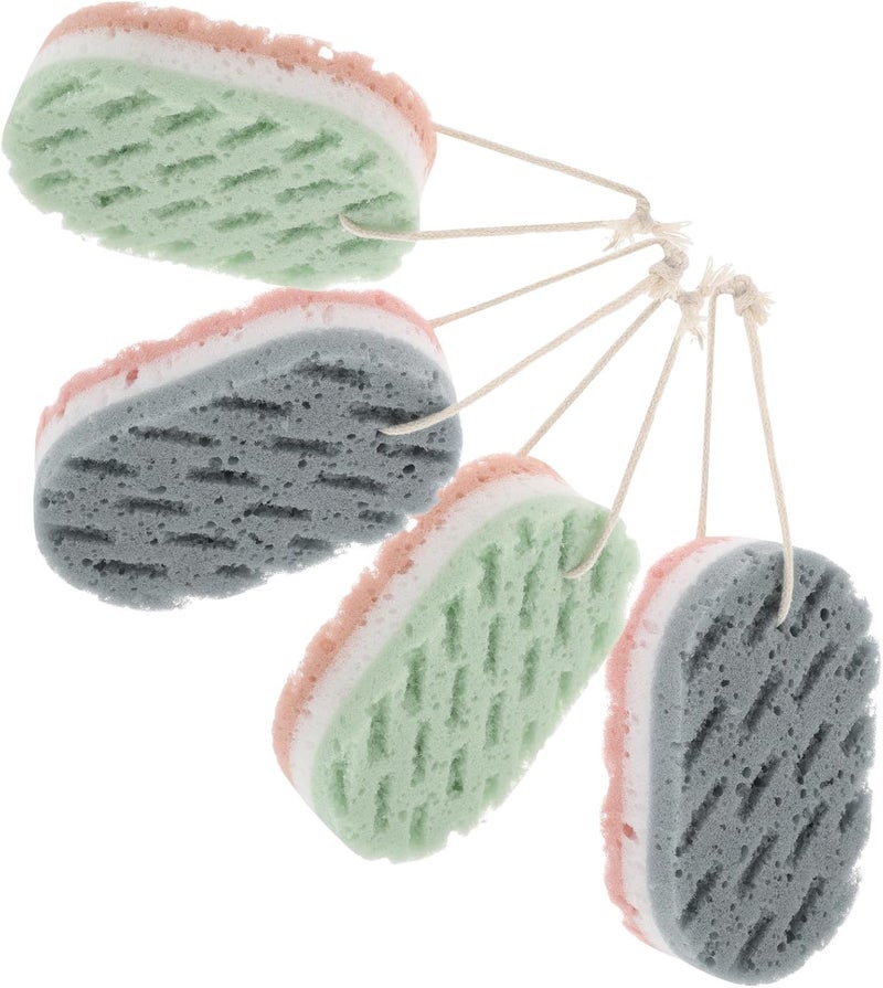 KICHOUSE 4pcs Exfoliating Shower Body Net Sponge for Dead Skin Removal, Soft Bath Washcloths for Men and Women, Home Bathing Accessories with Grey and Green Colors - Image 1