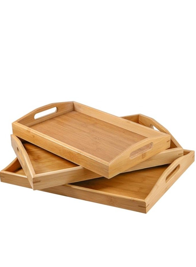 مجموعة صواني تقديم خشبية مستطيلة من البامبو بـ 3 مقاسات ومقابض لتقديم الفطور في السرير/الشاي/القهوة/تناول الطعام، 3 قطع - Image 1