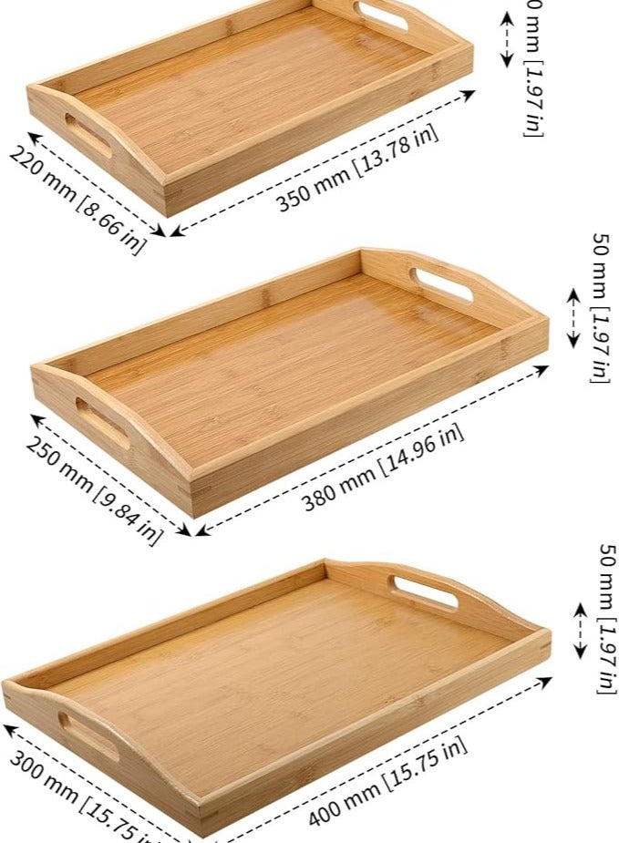 مجموعة صواني تقديم خشبية مستطيلة من البامبو بـ 3 مقاسات ومقابض لتقديم الفطور في السرير/الشاي/القهوة/تناول الطعام، 3 قطع - Image 2