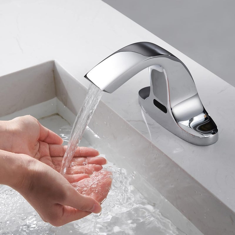 HOOMEE Touchless Bathroom Sink Faucet, Automatic Sensor Faucet Deck Mounted 6 Inch Centerset Basin Water Mixer with Pop up Drain (Chrome) - Image 3