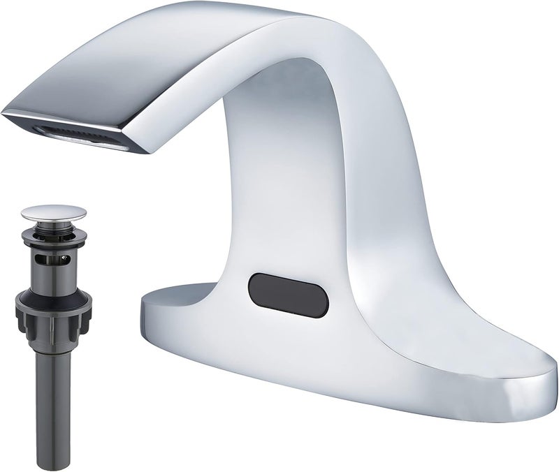 HOOMEE Touchless Bathroom Sink Faucet, Automatic Sensor Faucet Deck Mounted 6 Inch Centerset Basin Water Mixer with Pop up Drain (Chrome) - Image 1