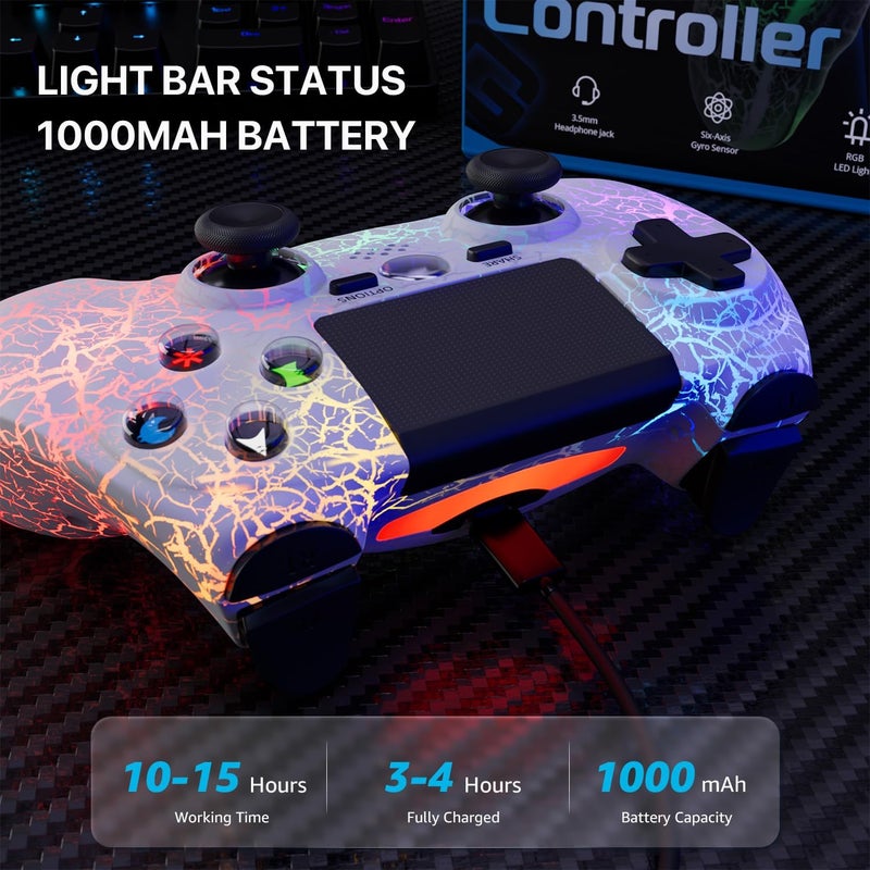ISHAKO Controller for PS4, with RGB Light,1000mah Battery, Double Vibration, 6-Axis Motion Control, 3.5mm Audio Jack, Light-up Game Controller for Sony PlayStation 4/Pro/Slim/PC Windows- White - Image 5