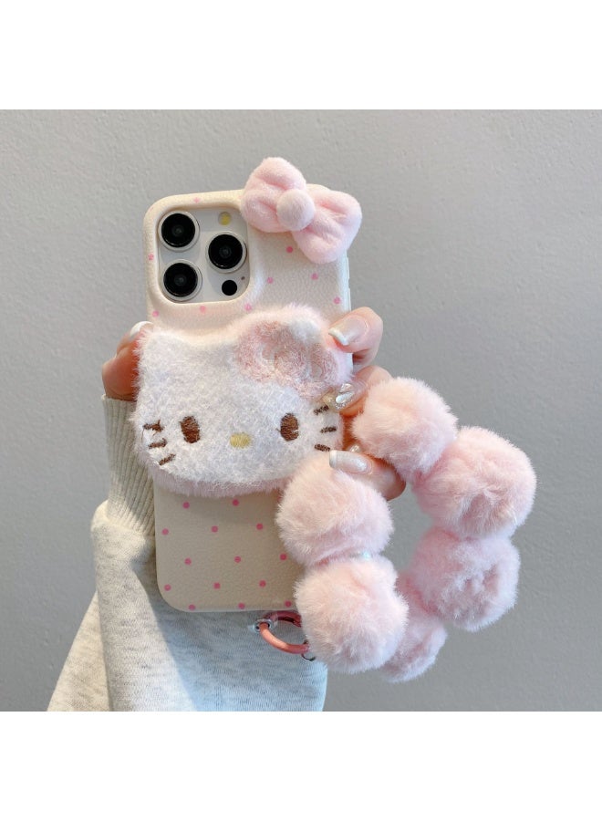 NIBEMINENT Bowknot Polka Dots Protective TPU Case Cover For iPhone 15 Pro, Pink Polka Dots With Fluffy Kt Bow With Pink Fur Ball Bracelet - Image 1