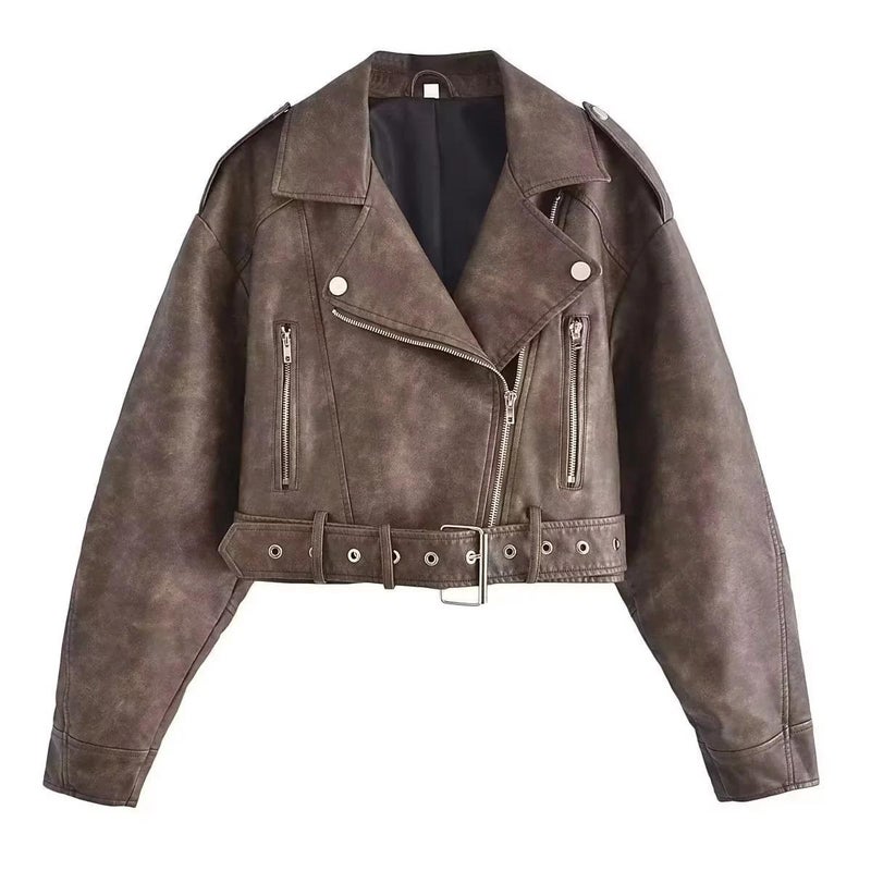 2024 Fall New Chic Faux Leather Biker Jacket Brown 
