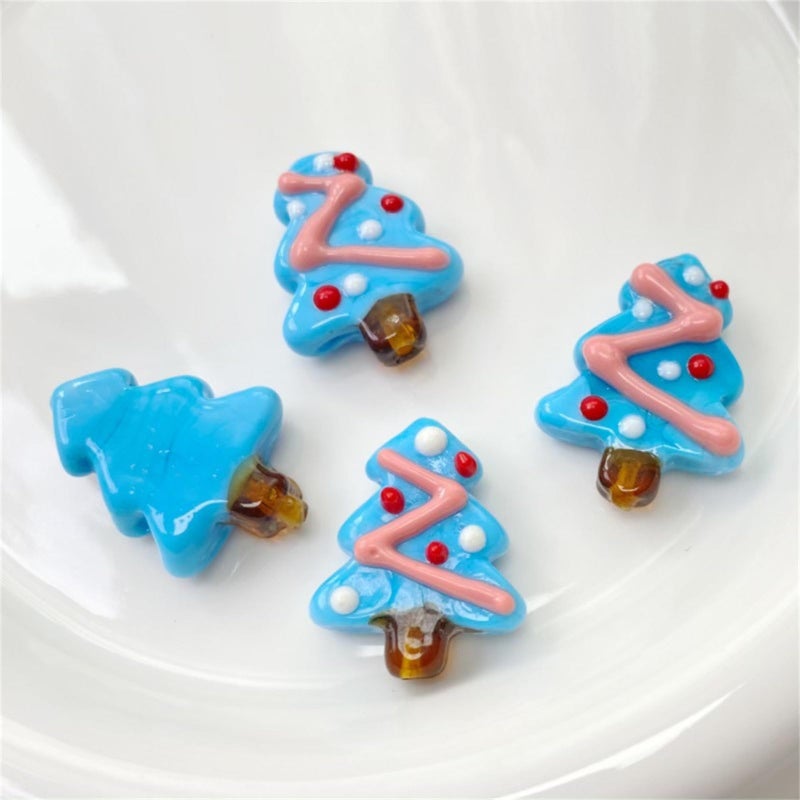 Blue Hand Painted Christmas Tree Glass Beads For Jewelry Crafting Holiday Ornaments - Image 5