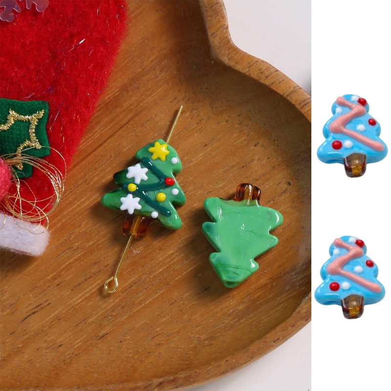 Blue Hand Painted Christmas Tree Glass Beads For Jewelry Crafting Holiday Ornaments - Image 3