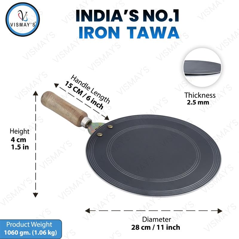 VISMAY'S Small Dosa Tawa 11 Inch 28 cm Food Grade Pure Iron Flat Cookware Suitable for Uttapam Roti Chapati Naan Dosa Vegetables Gas Stove Compatible - Image 3