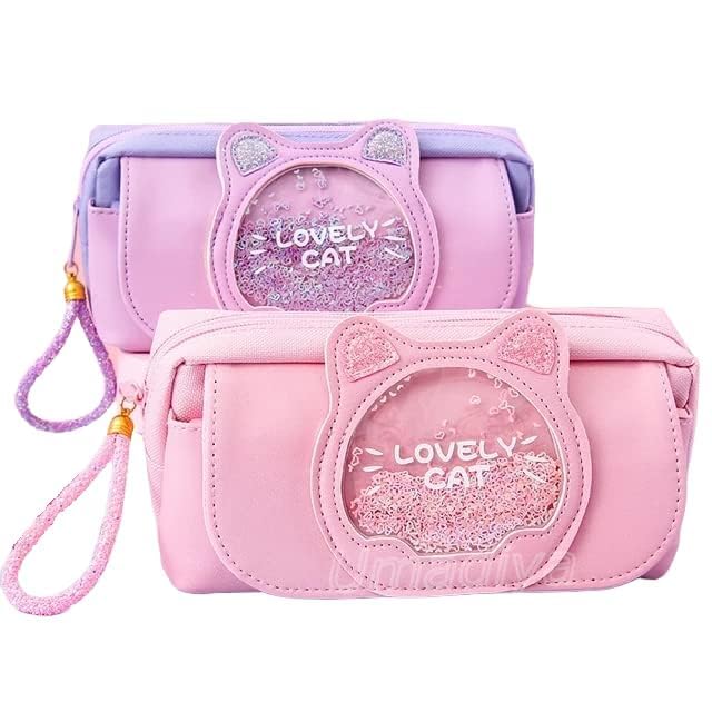 Galaxy Hi-Tech Big Size Lovely Cat Pencil Canvas Case Large Capacity Pencil Bag Side Pockets Eva Pencil Pouch With Zipper Closure Portable Makeup Pouch Case Cute Stationery Bag,pink & purple - Image 1