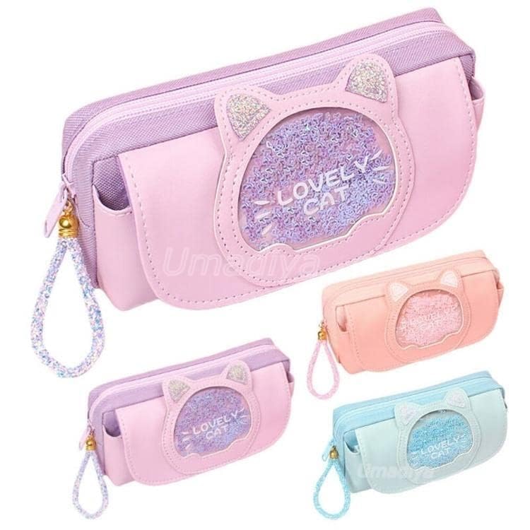 Galaxy Hi-Tech Big Size Lovely Cat Pencil Canvas Case Large Capacity Pencil Bag Side Pockets Eva Pencil Pouch With Zipper Closure Portable Makeup Pouch Case Cute Stationery Bag,pink & purple - Image 2