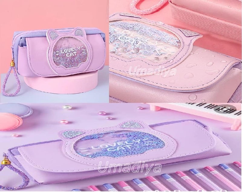 Galaxy Hi-Tech Big Size Lovely Cat Pencil Canvas Case Large Capacity Pencil Bag Side Pockets Eva Pencil Pouch With Zipper Closure Portable Makeup Pouch Case Cute Stationery Bag,pink & purple - Image 5