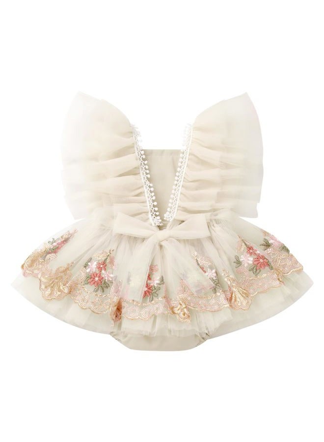 ODASDO Dresses for Baby Girls 1st First Birthday Party Dress Newborn Fairy Tulle Tutu Bubble Romper Toddler Kids Floral Embroidery Bodysuit One Year Old Cake Smash Outfit Photo Shoot Apricot 12-18M - Image 5