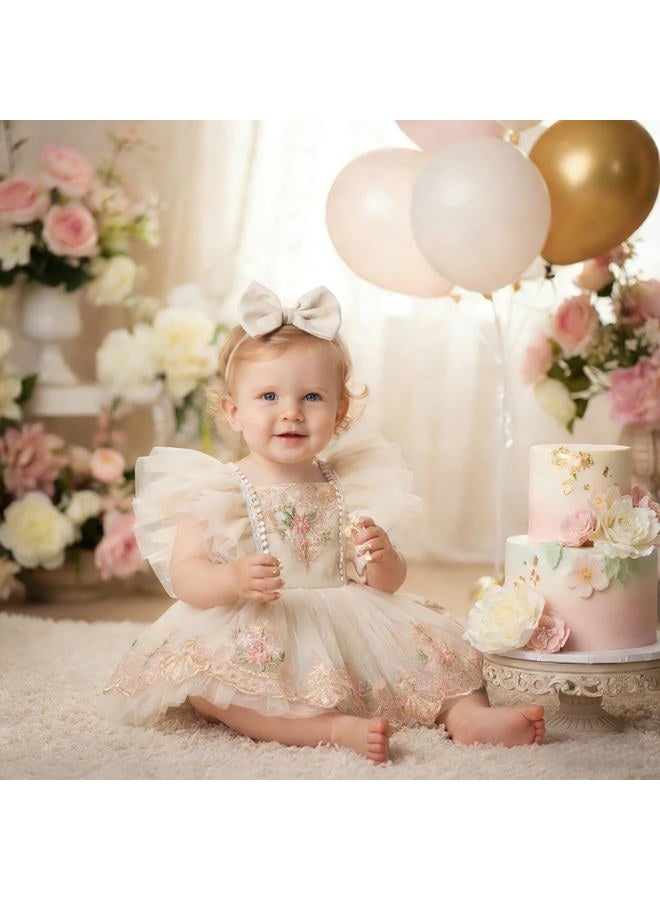 ODASDO Dresses for Baby Girls 1st First Birthday Party Dress Newborn Fairy Tulle Tutu Bubble Romper Toddler Kids Floral Embroidery Bodysuit One Year Old Cake Smash Outfit Photo Shoot Apricot 12-18M - Image 2