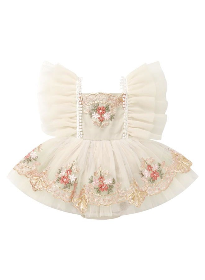 ODASDO Dresses for Baby Girls 1st First Birthday Party Dress Newborn Fairy Tulle Tutu Bubble Romper Toddler Kids Floral Embroidery Bodysuit One Year Old Cake Smash Outfit Photo Shoot Apricot 12-18M - Image 4