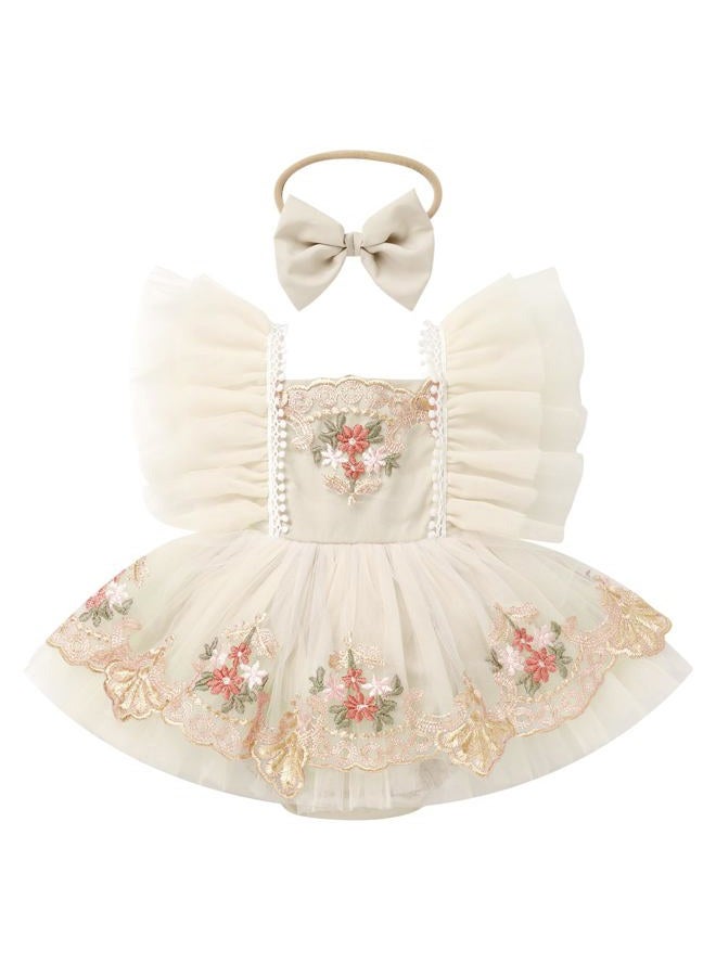 ODASDO Dresses for Baby Girls 1st First Birthday Party Dress Newborn Fairy Tulle Tutu Bubble Romper Toddler Kids Floral Embroidery Bodysuit One Year Old Cake Smash Outfit Photo Shoot Apricot 12-18M - Image 1