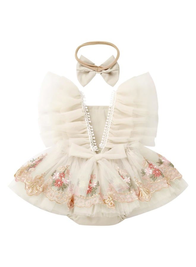 ODASDO Dresses for Baby Girls 1st First Birthday Party Dress Newborn Fairy Tulle Tutu Bubble Romper Toddler Kids Floral Embroidery Bodysuit One Year Old Cake Smash Outfit Photo Shoot Apricot 12-18M - Image 3