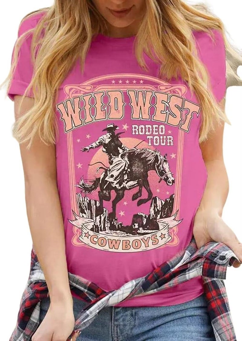 Yuaelria Oversized Wild West Cowboys T-Shirt for Women Western Rodeo Graphic Tee Short Sleeve Loose Vintage Country Music Tee Top(Medium,Pink) - Image 4