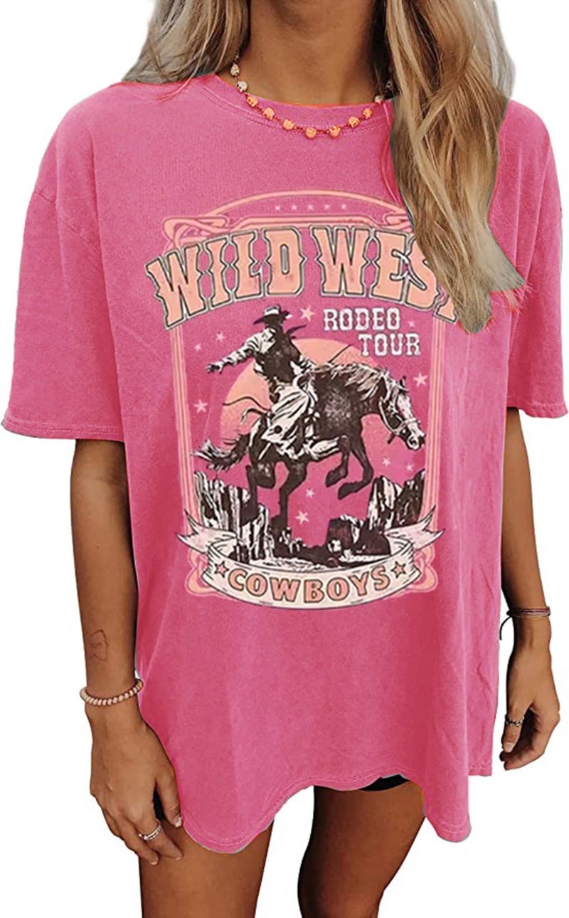 Yuaelria Oversized Wild West Cowboys T-Shirt for Women Western Rodeo Graphic Tee Short Sleeve Loose Vintage Country Music Tee Top(Medium,Pink) - Image 1