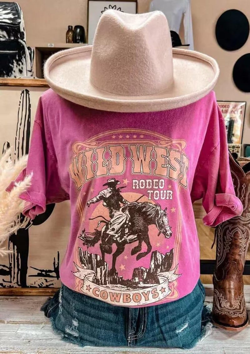 Yuaelria Oversized Wild West Cowboys T-Shirt for Women Western Rodeo Graphic Tee Short Sleeve Loose Vintage Country Music Tee Top(Medium,Pink) - Image 5