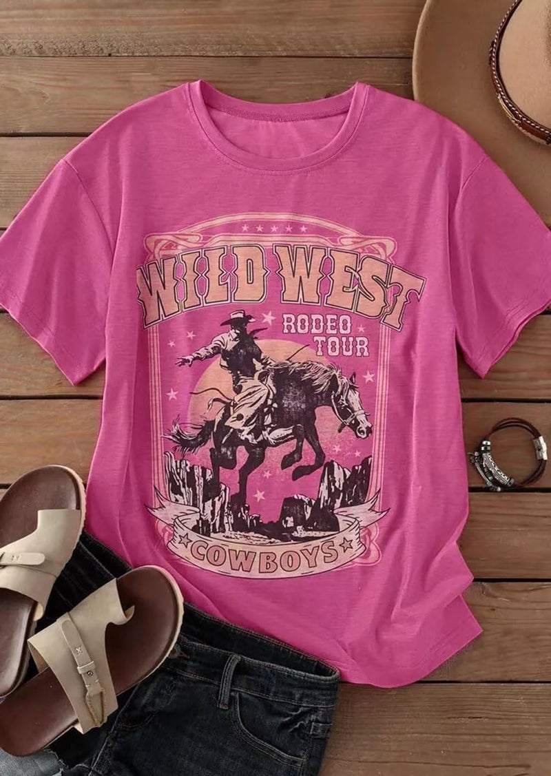 Yuaelria Oversized Wild West Cowboys T-Shirt for Women Western Rodeo Graphic Tee Short Sleeve Loose Vintage Country Music Tee Top(Medium,Pink) - Image 3