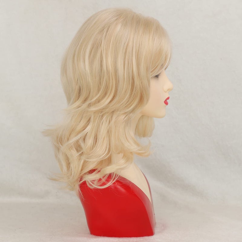 TISHINING Medium Curly Blonde Wigs for White Women Layered Mixed Blonde Curly Wavy Wig with Curtain Bangs Natural Looking Synthetic Halloween Cosplay Daily Party Wig (16 Inch) â€¦ - Image 5
